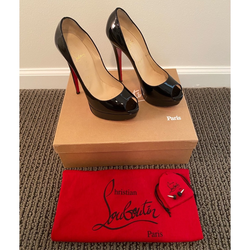 CHRISTIAN LOUBOUTIN BLACK PATENT LADY PEEP 150